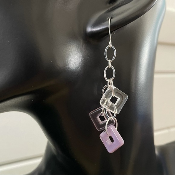 2/$29 Long Geometric Glass Square & Chain Earrings in Mixed Purple Clear - Picture 2 of 3